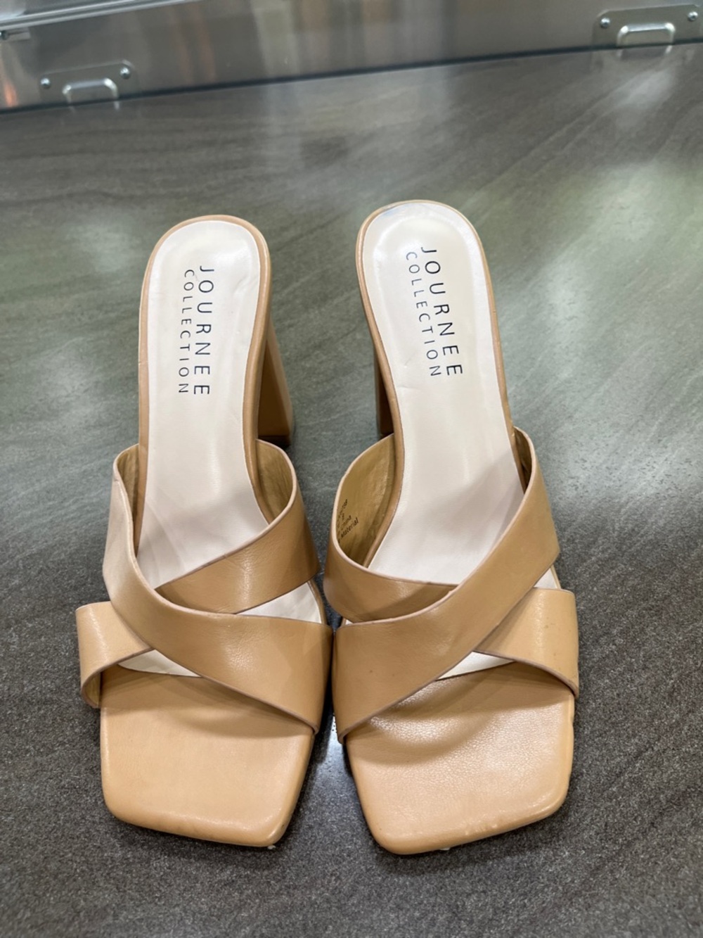 Journee Collection Tan Cross-Strap Square-Toe Block Heels